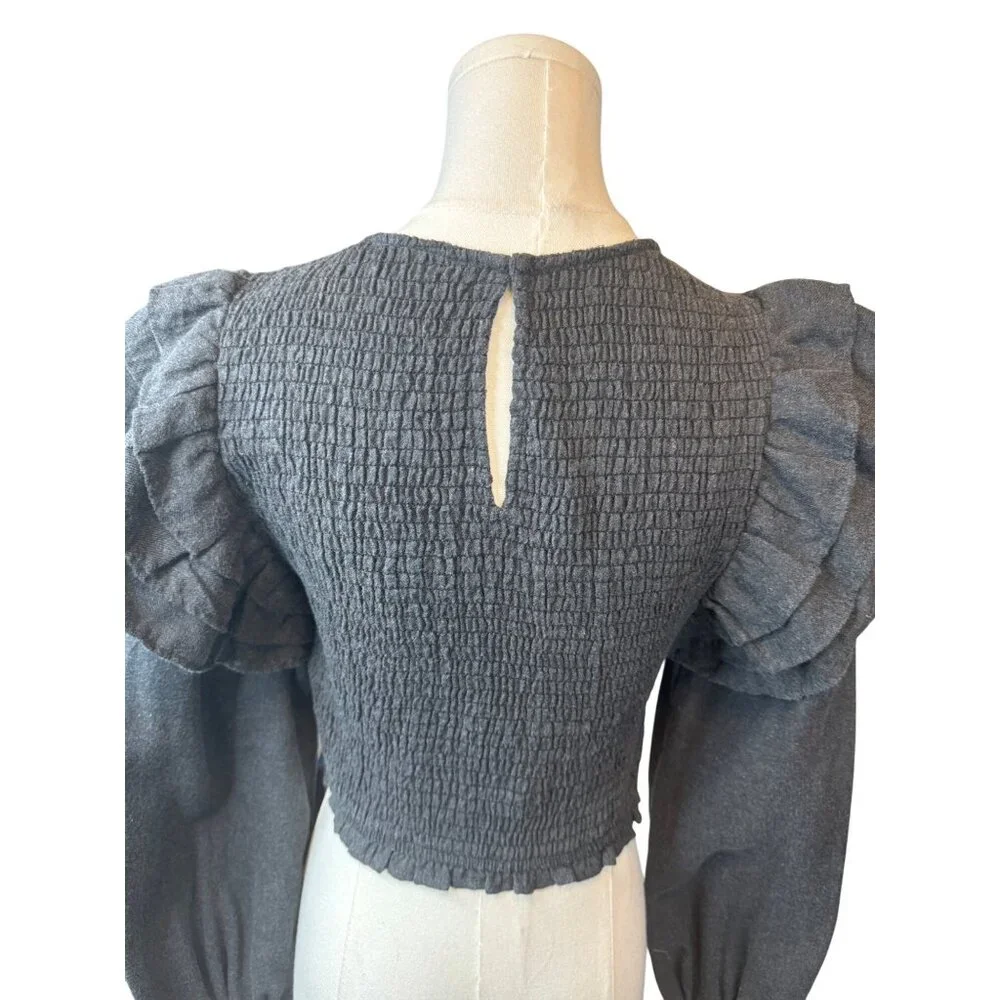2/$30 Zara Gray Smocked Top Small, Ruffle Sleeves, Polyester Cotton Blend